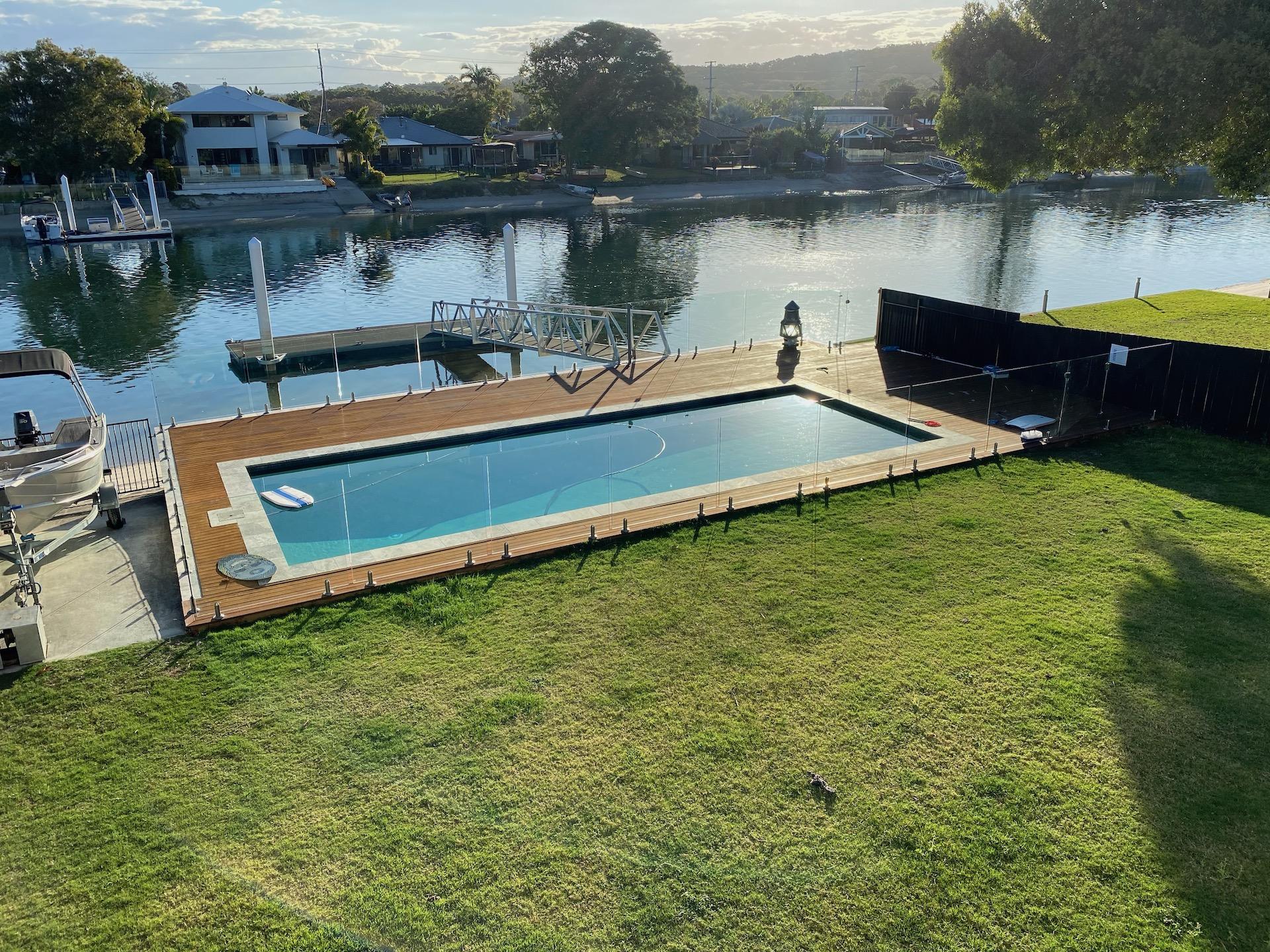 pool deck and jetty on canal for location hire