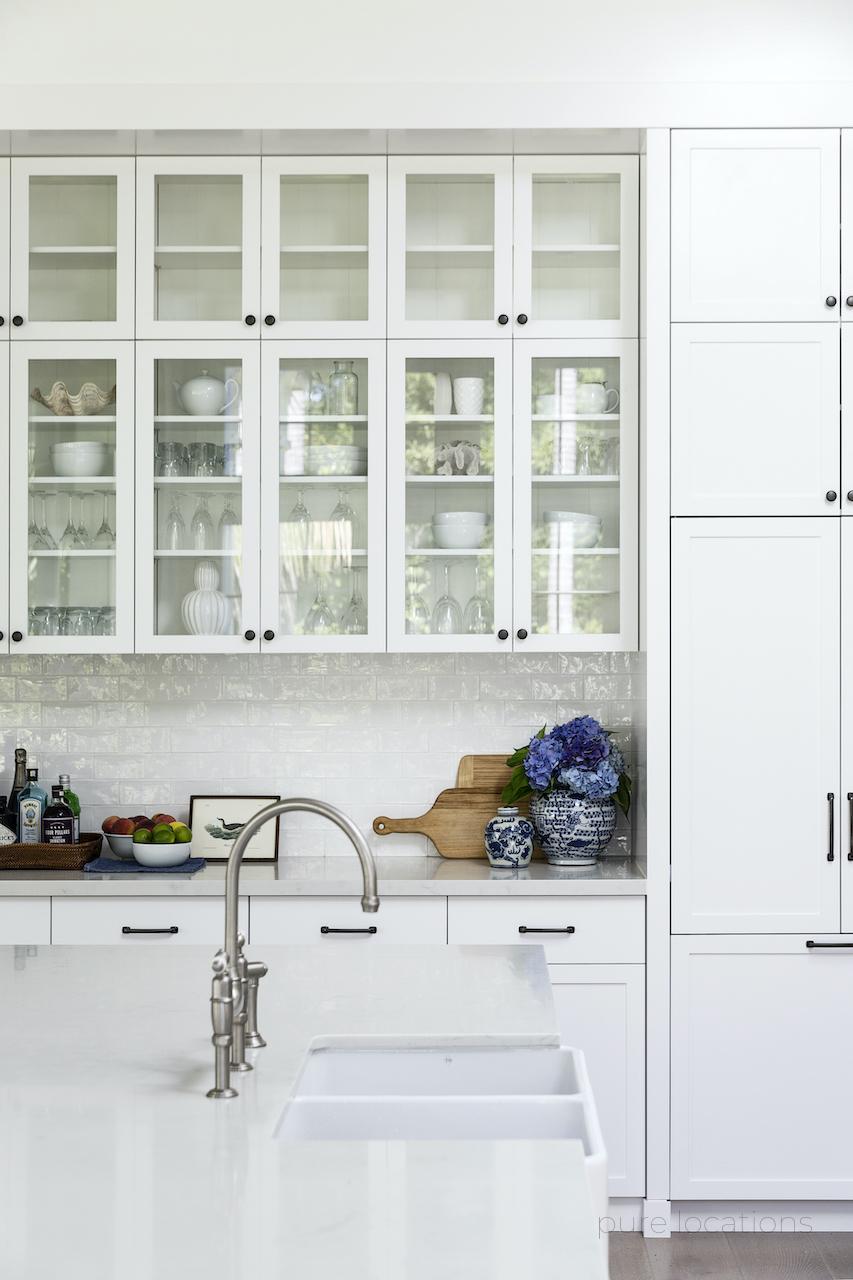 Classic white kitchen with white subway tiles, kitchen for photoshoots