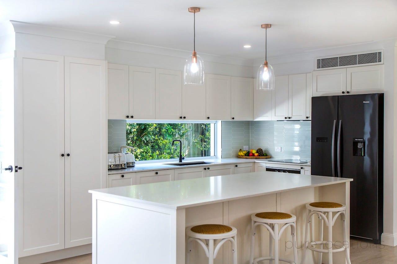 white kitchen with shaker doors, modern Hamptons kitchen for photoshoots and television commercials