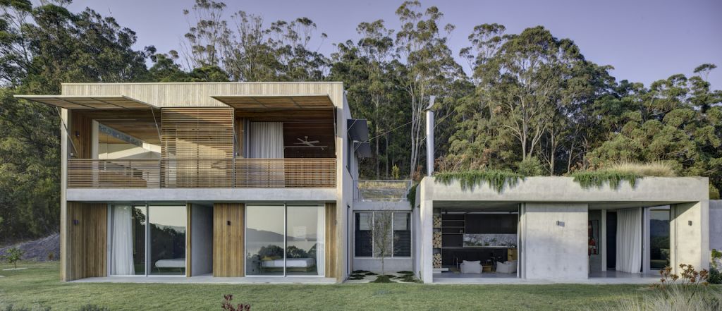 The exterior of a modern industrial location house on the Central Coast