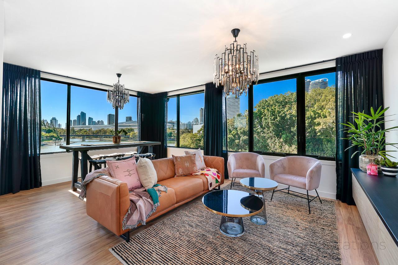 black curtains with chandeliers in Broadbeach Waters home on the Gold Coast