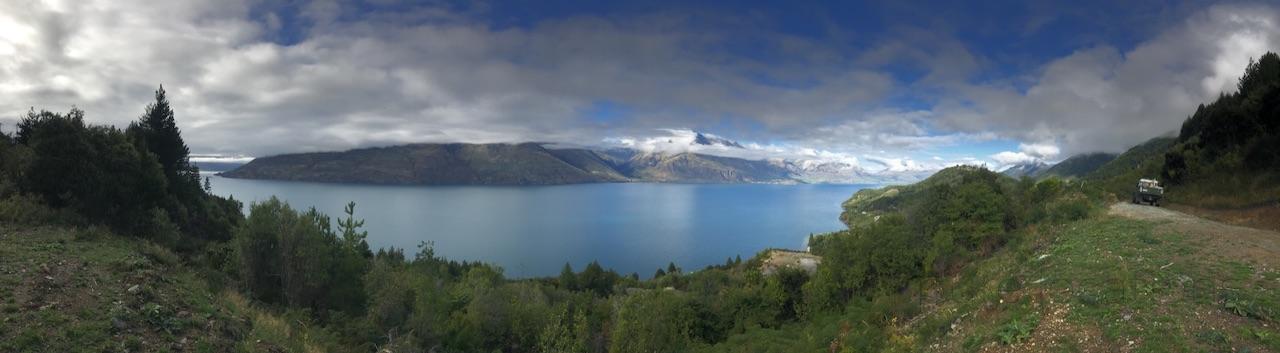 Vista of New Zealand lake and mountains, film location