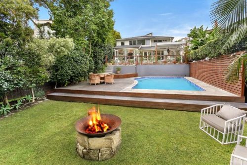 pool backyard facade driveway garage garden established