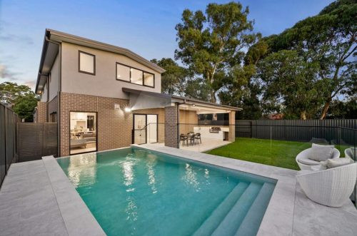 backyard pool garden established outdoor area