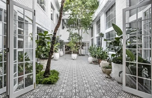 outdoor area garage driveway backyard garden established pool