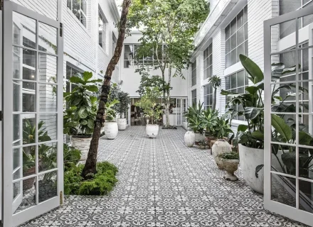 outdoor area garage driveway backyard garden established pool