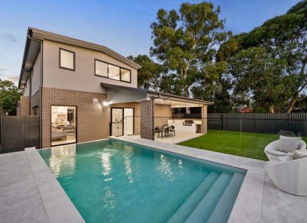 backyard pool garden established outdoor area